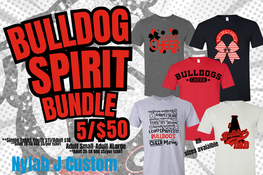 🐾 Bulldog Cheer Spirit Bundle – (5)T-Shirts for $50! 🐾