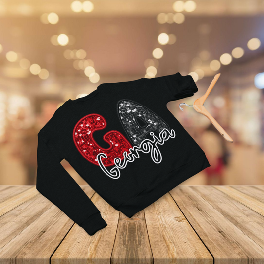 Red and Black Faux Glitter GA Letter Crewneck Sweatshirt - Perfect for Bulldogs Fans