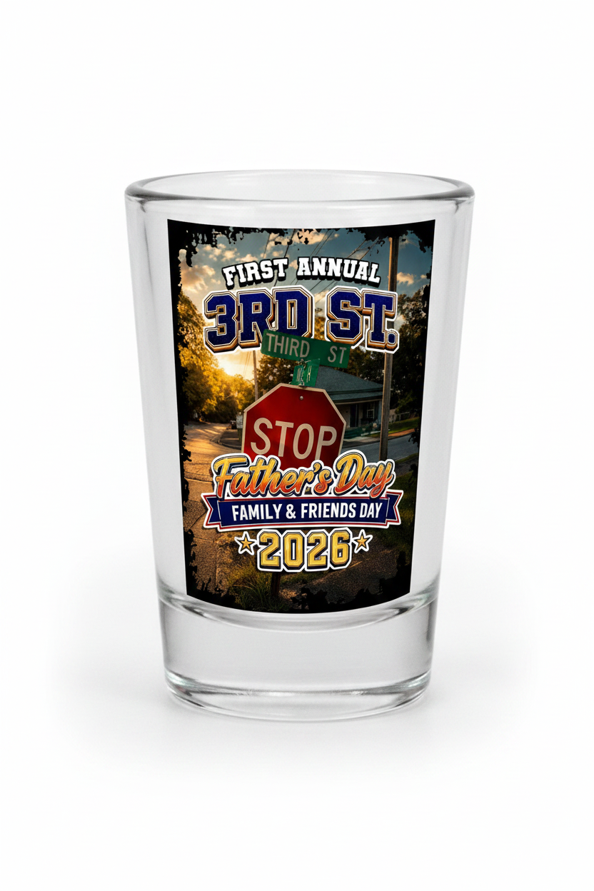 1.5oz clear shot glass with UV DTF sticker featuring First Annual 3rd St. Father's Day Family & Friends Day 2026 design on front